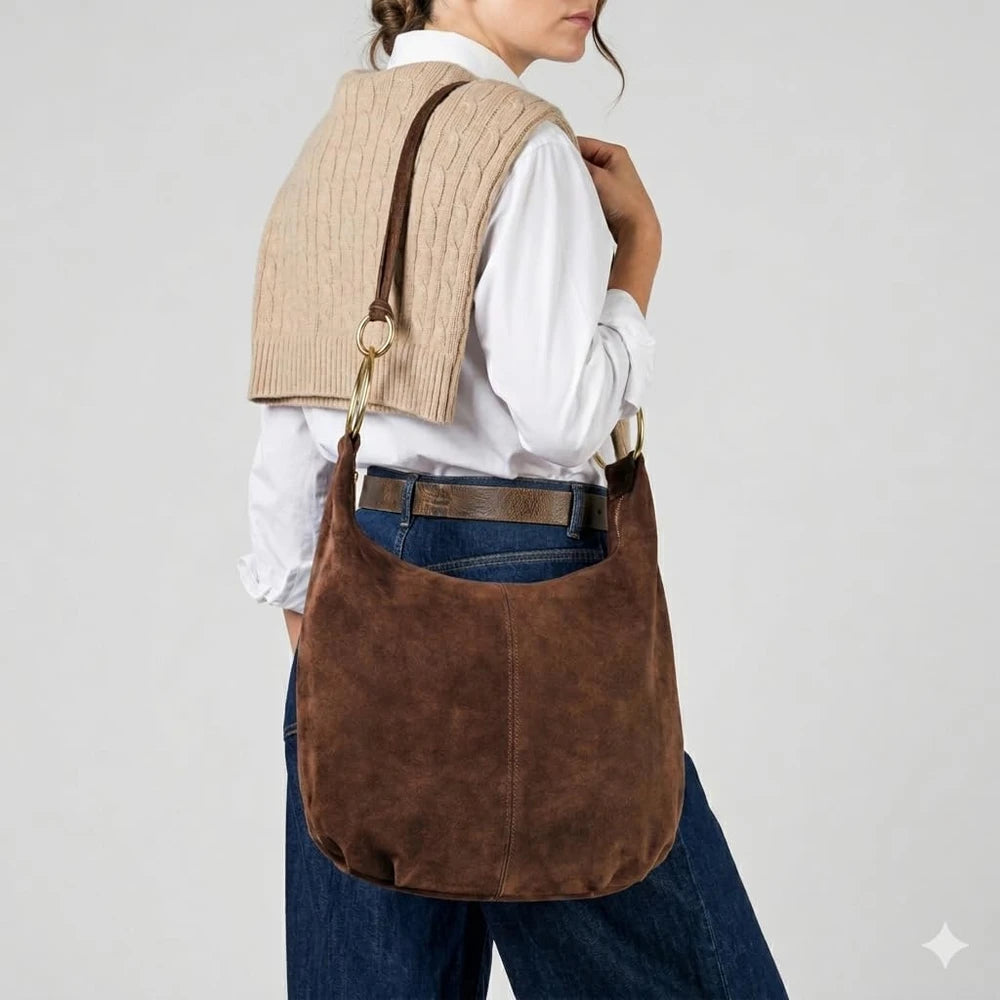 Italian Suede Ring Handle Hobo Bag
