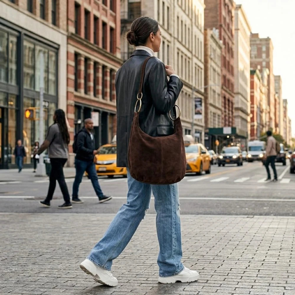Italian Suede Ring Handle Hobo Bag