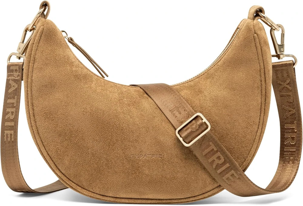 Vegan Suede Half Moon Crossbody Bag